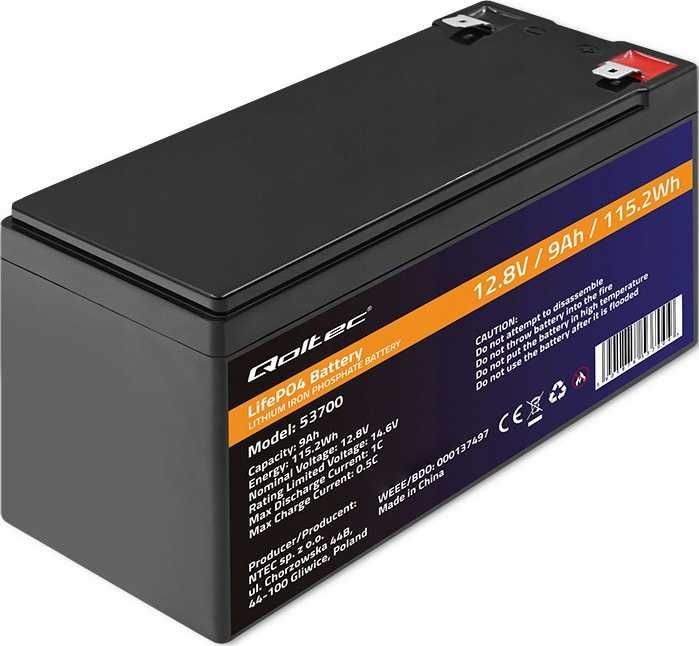 Akumulator litowo-żelazowo-fosforanowy Qoltec LiFePO4 12.8V 12Ah