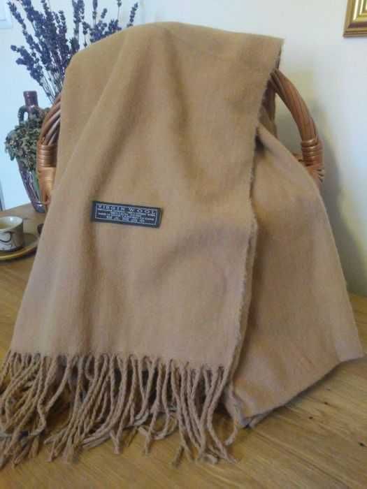 Nowy szal 100% virgin wool beżowy/ brązowy/ camel