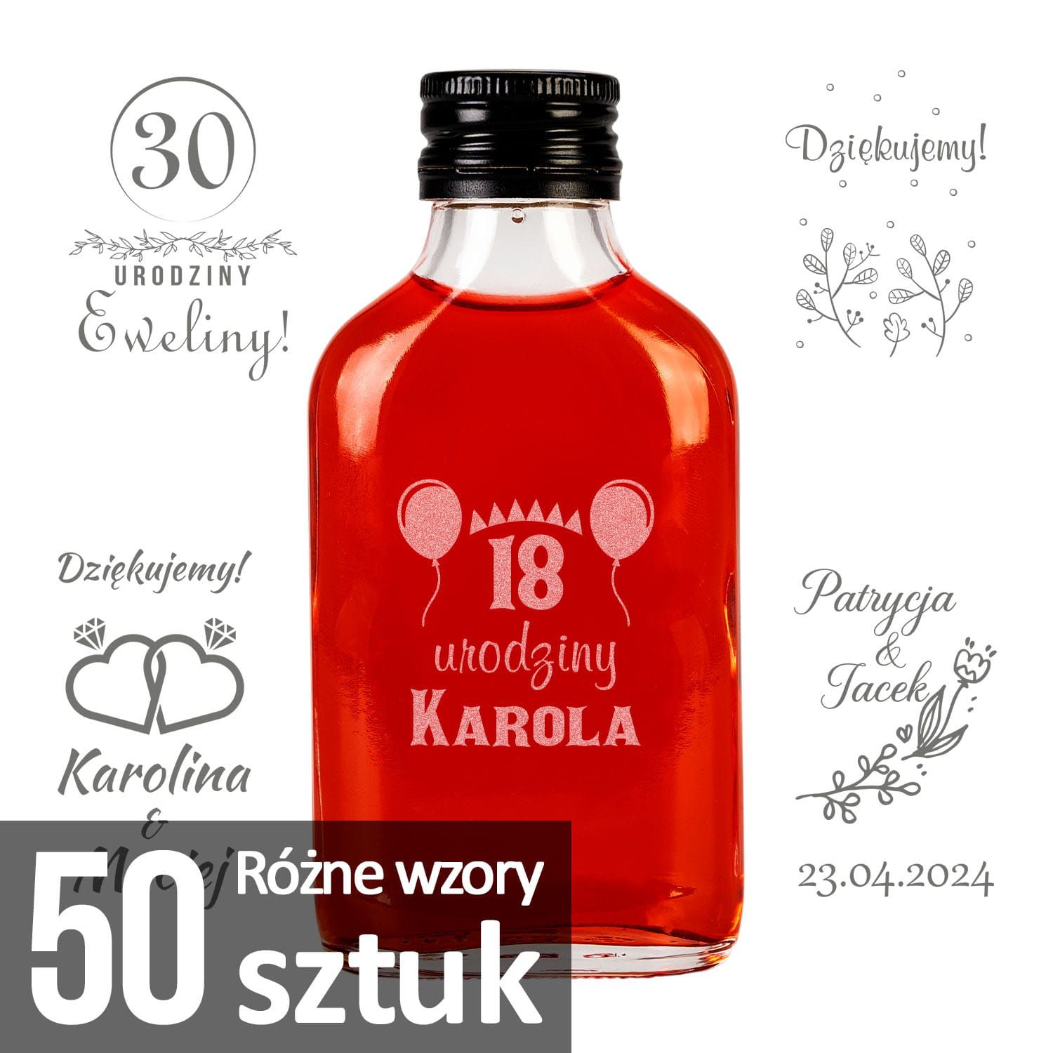 50 sztuk - butelka PIERSIÓWKA 100 ml z zakrętką na wesele + grawer