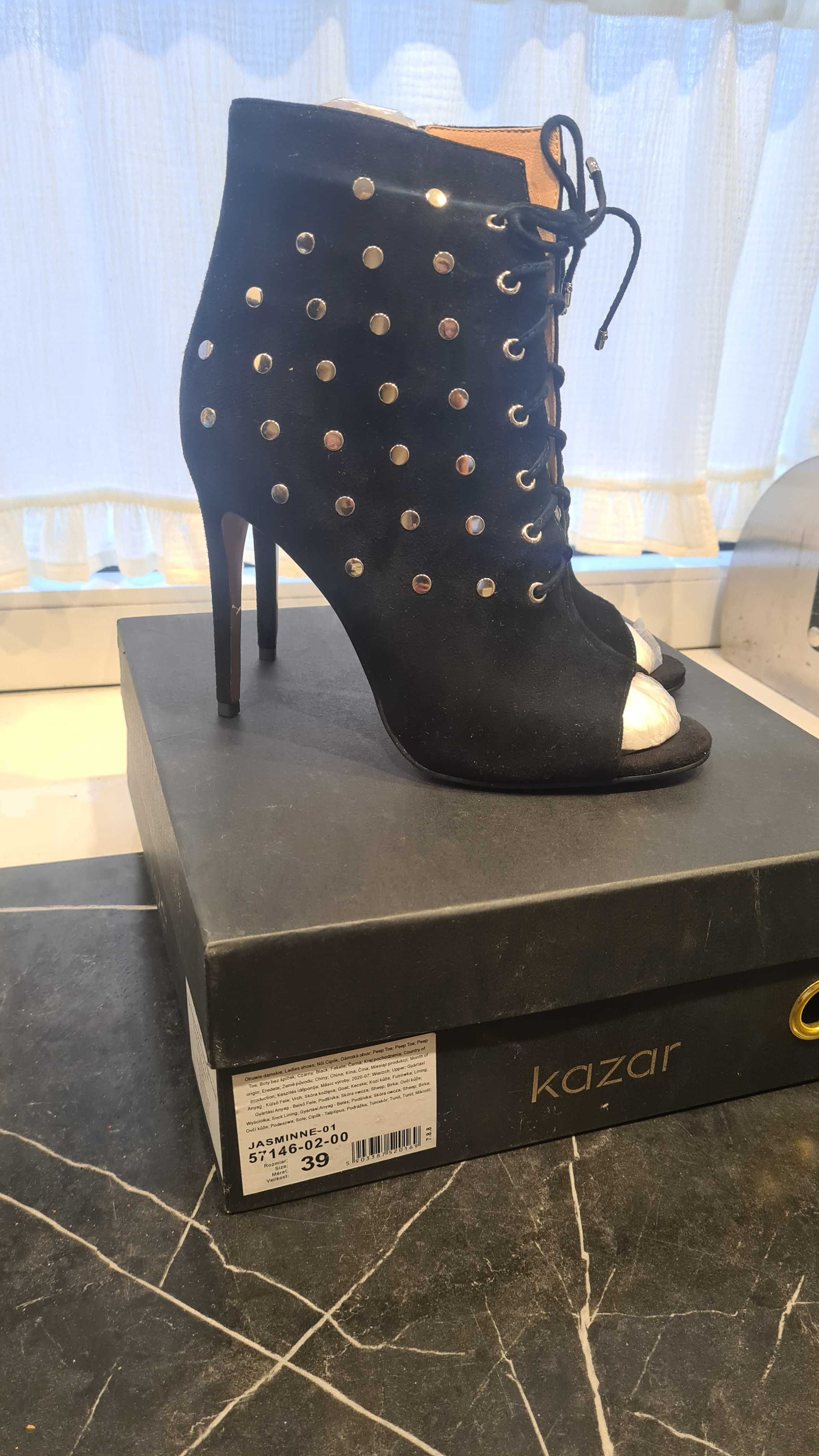 Nowe szpilki botki damskie Kazar rozmiar 39 czarne + ćwieki