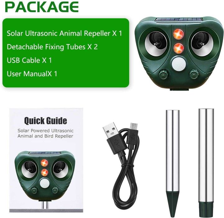 Solarny ultradźwiękowy odstraszasz zwierząt zewnętrzny IP66 LED 451