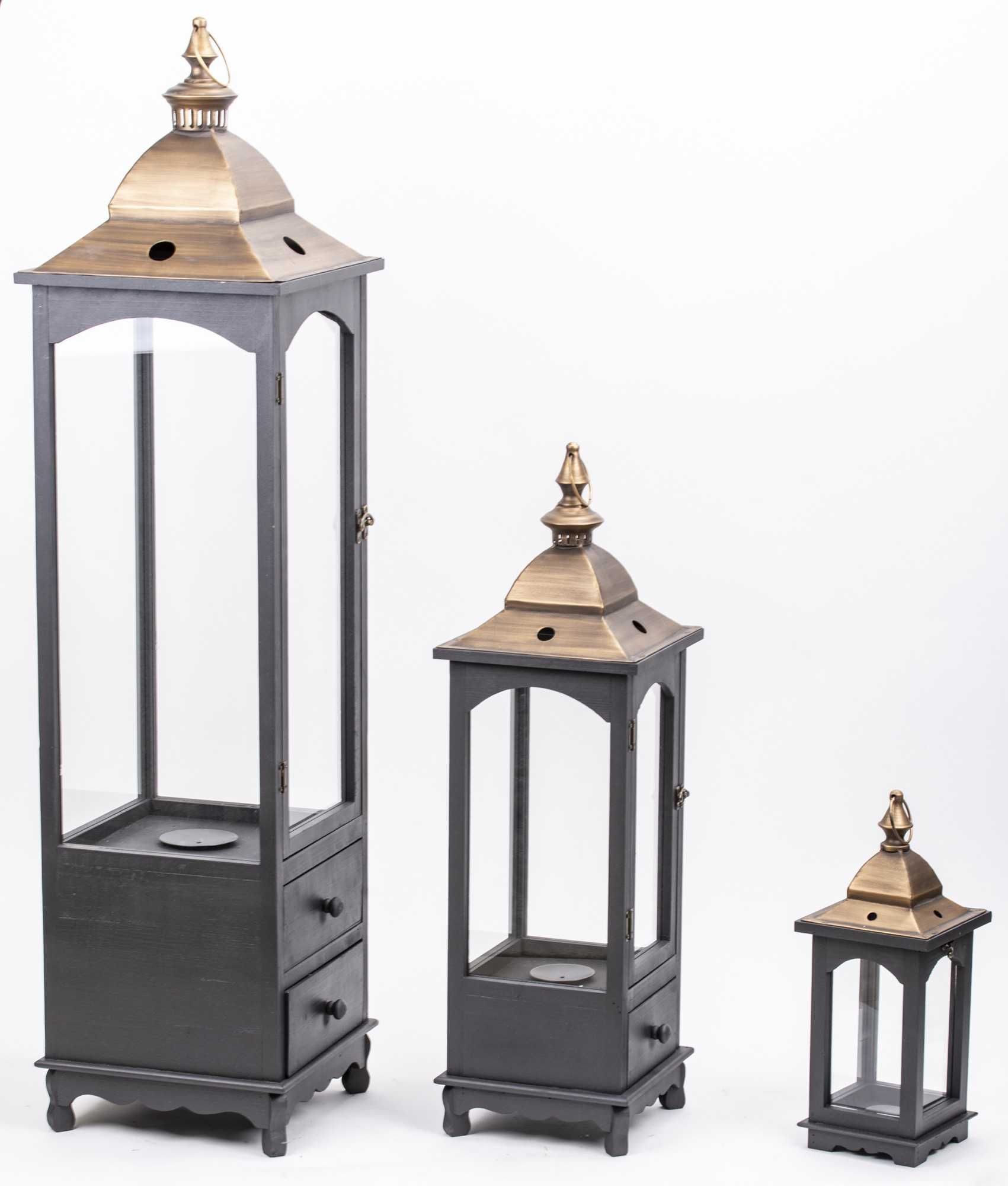 3 x Latarnia Czarny Złoty Wysoki Duży Drewniany Lampion Komplet 140173