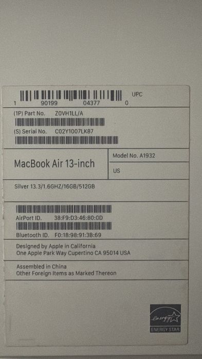 Макбук Ейр MACBOOK AIR 13’’ 2018, I5 16 / 512GB (A1932