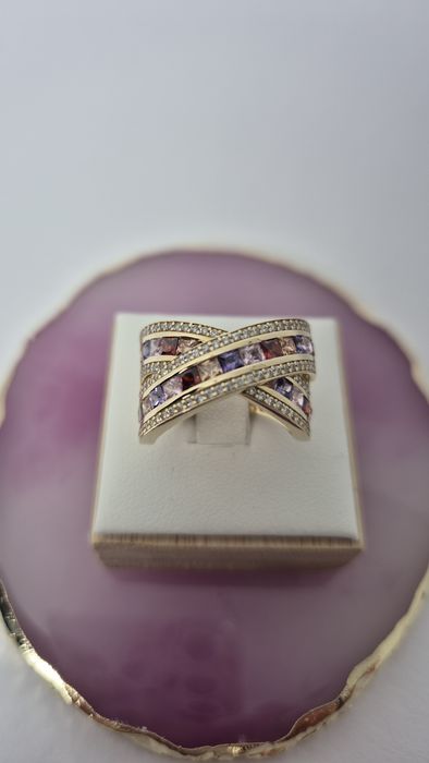 Nowy złoty pierścionek szeroki sygnet kolorowe cyrkonie okazały p. 585