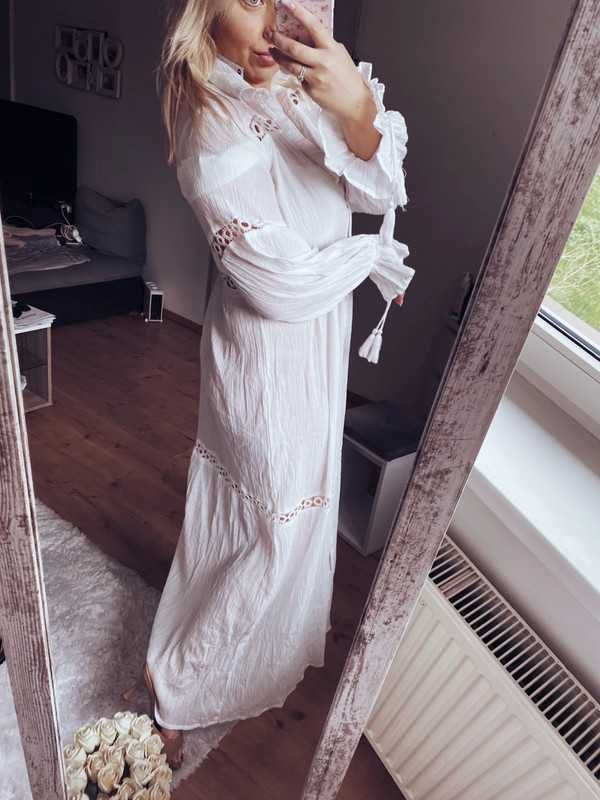 Boho biała maxi sukienka plażowa haft Boohoo