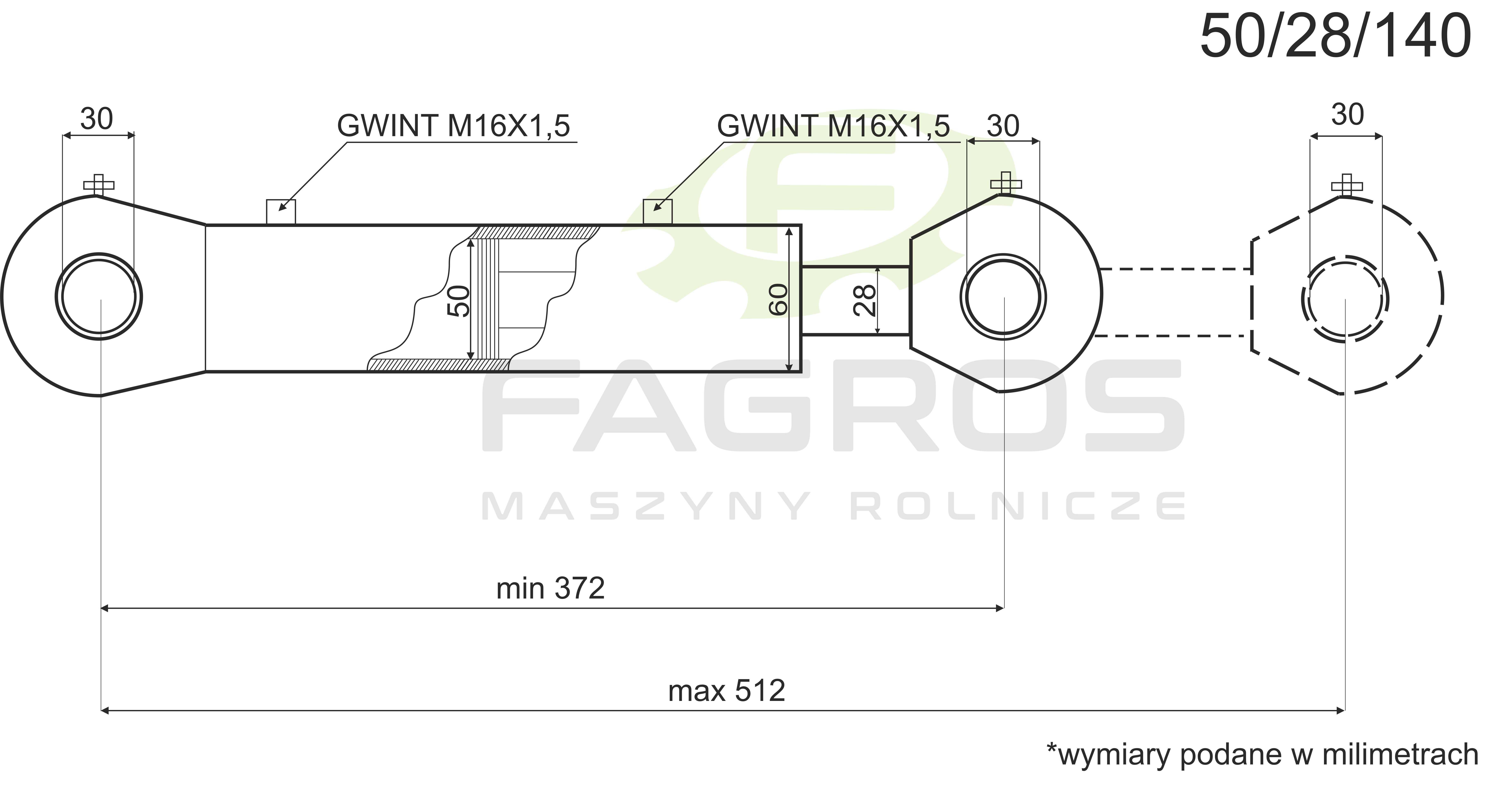 TŁOK 50/28/140 Siłownik hydrauliczny dwu-stronny ładowacz czołowy TUR