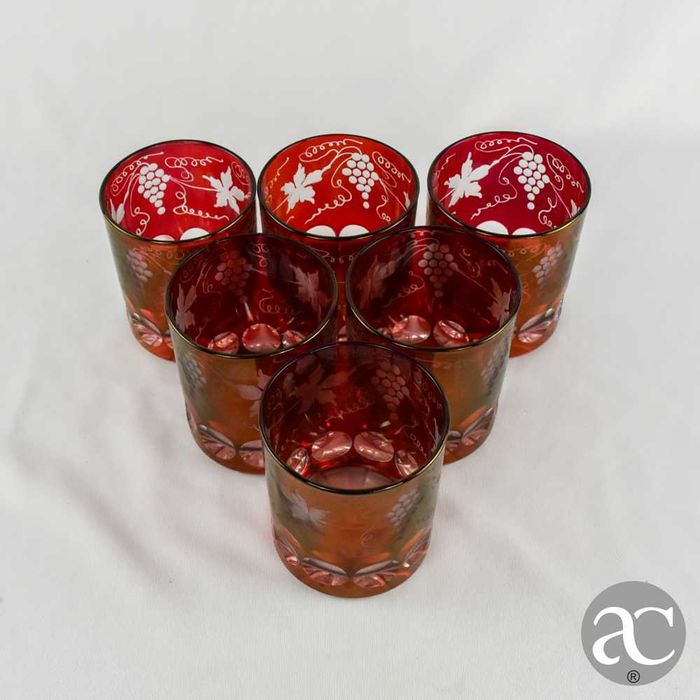 Conjunto de 6 copos em Cristal, decoração uvas e parras
