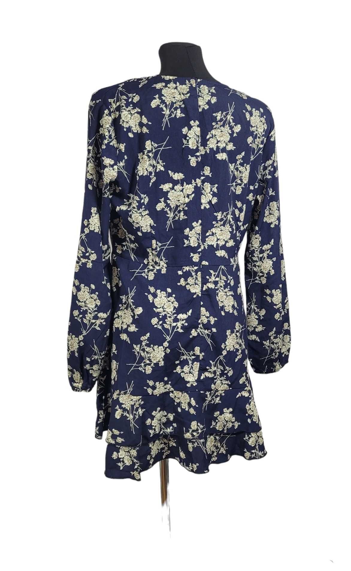 Nowa granatowa sukienka wzór w kwiaty 42,XL falbana na lato