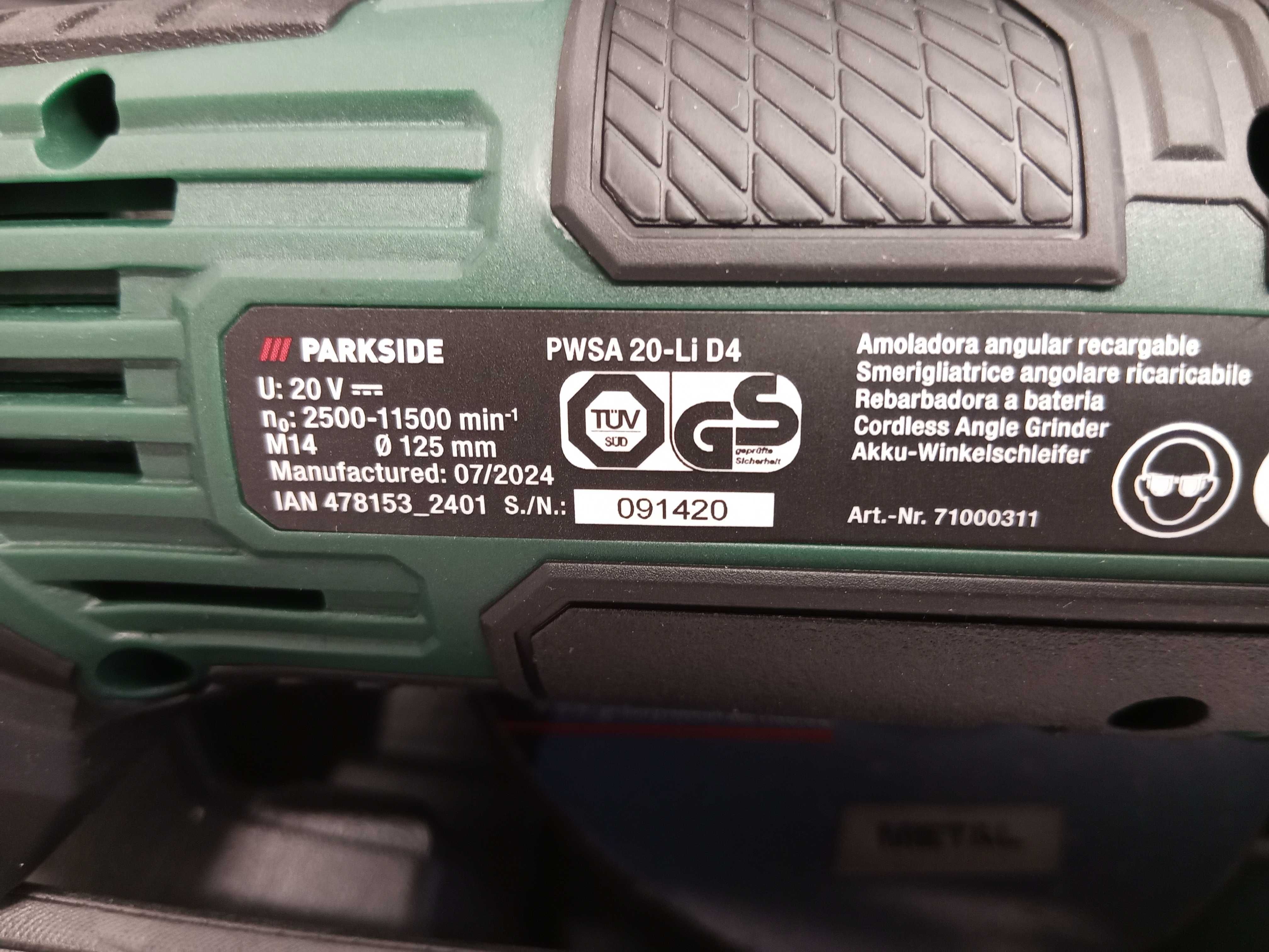 PARKSIDE PWSA 20-Li D4 Akumulatorowa szlifierka kątowa  125 mm OPIS!