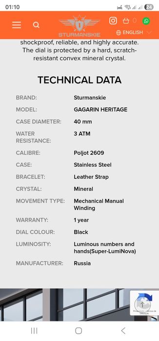 Relógio automático STURMANSKIE Gagarin limited edition