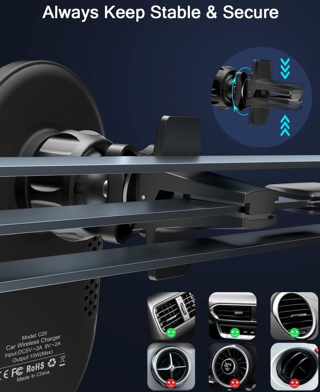 Car Charger, 15 W Max Bezprzewodowa ładowarka samochodowa