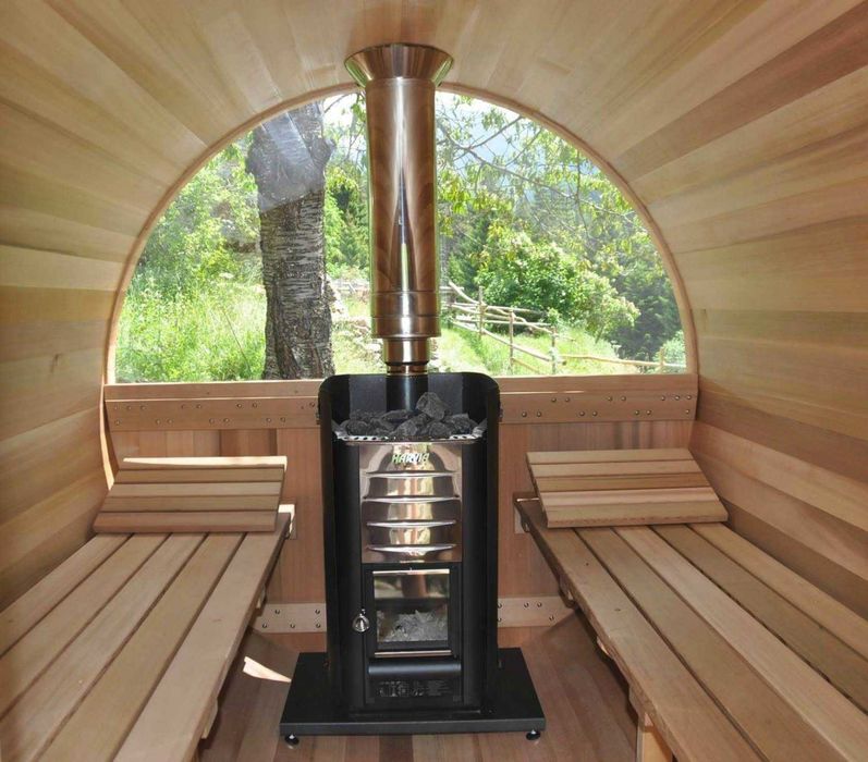 Sauna beczka 2,4m ze ścianką pół panorama