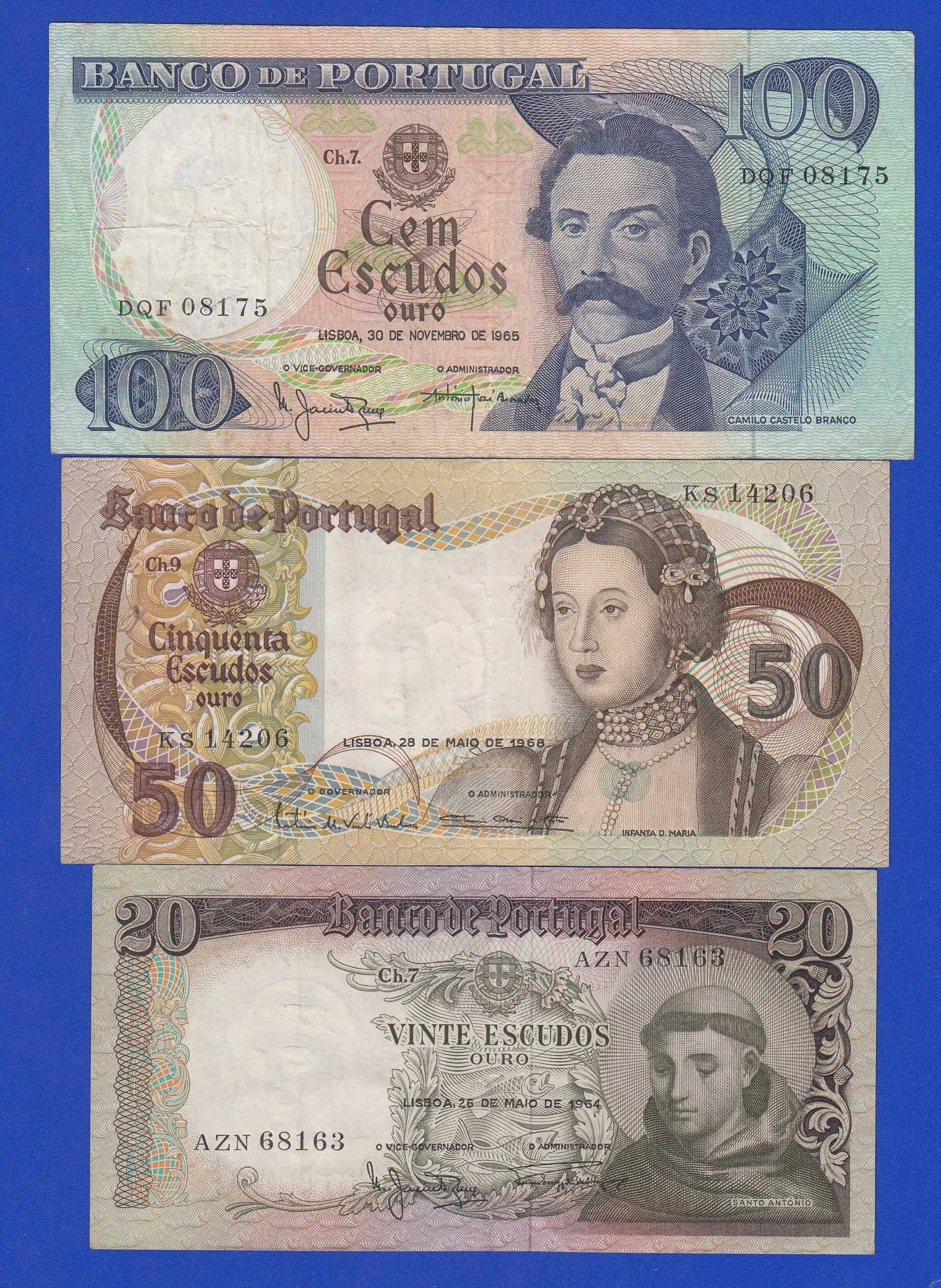 BELAS notas Portugal 20+50+100 escudos 1964,1965,1968