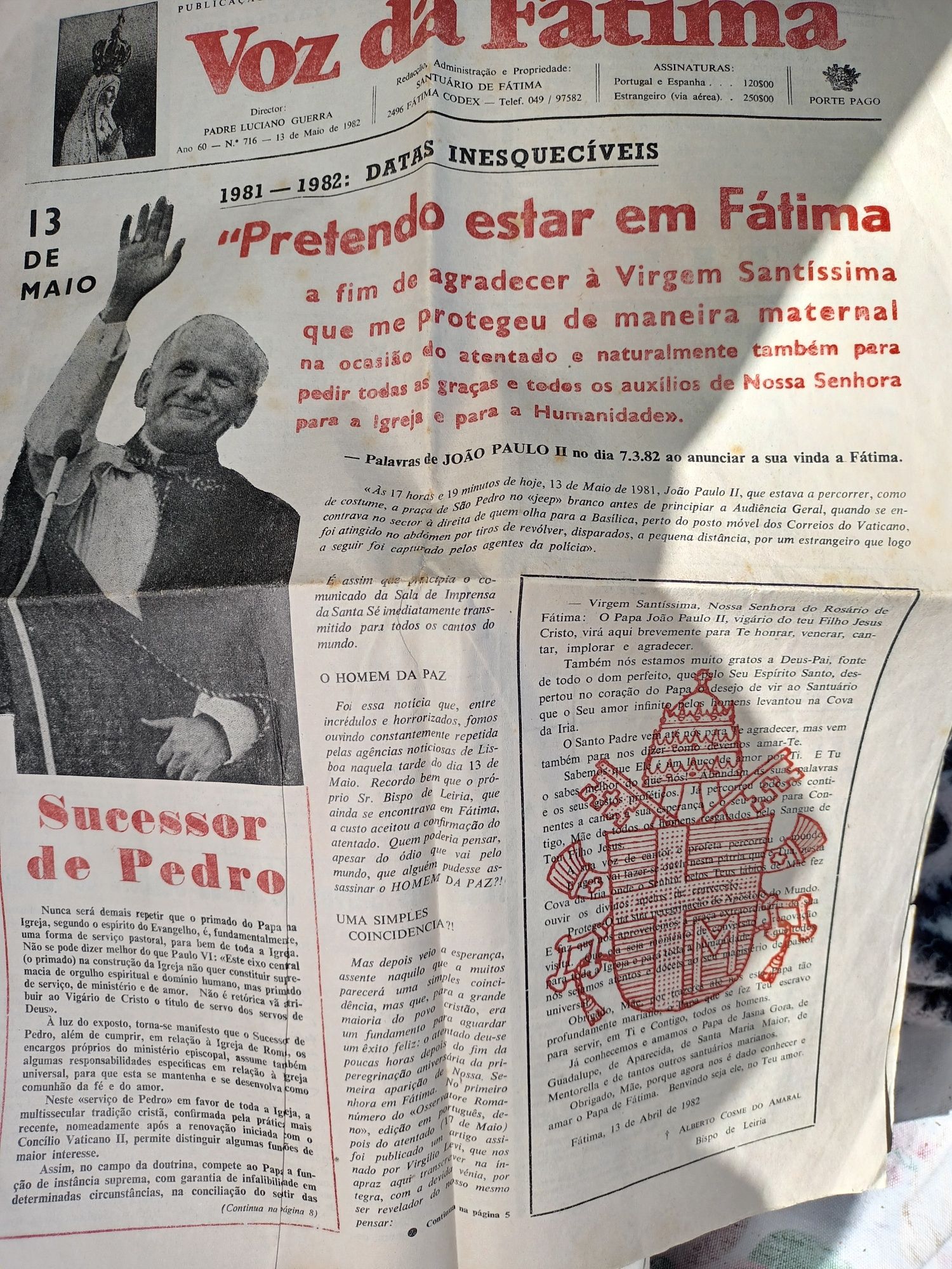 Antigo e raro jornal antigo a voz da Fátima  de 13 maio 1982