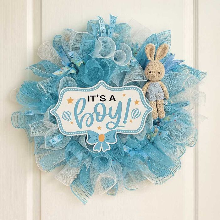 Duzy wianek na baby shower,dla chlopczyka, na ściane bądź drzwi, 55 cm