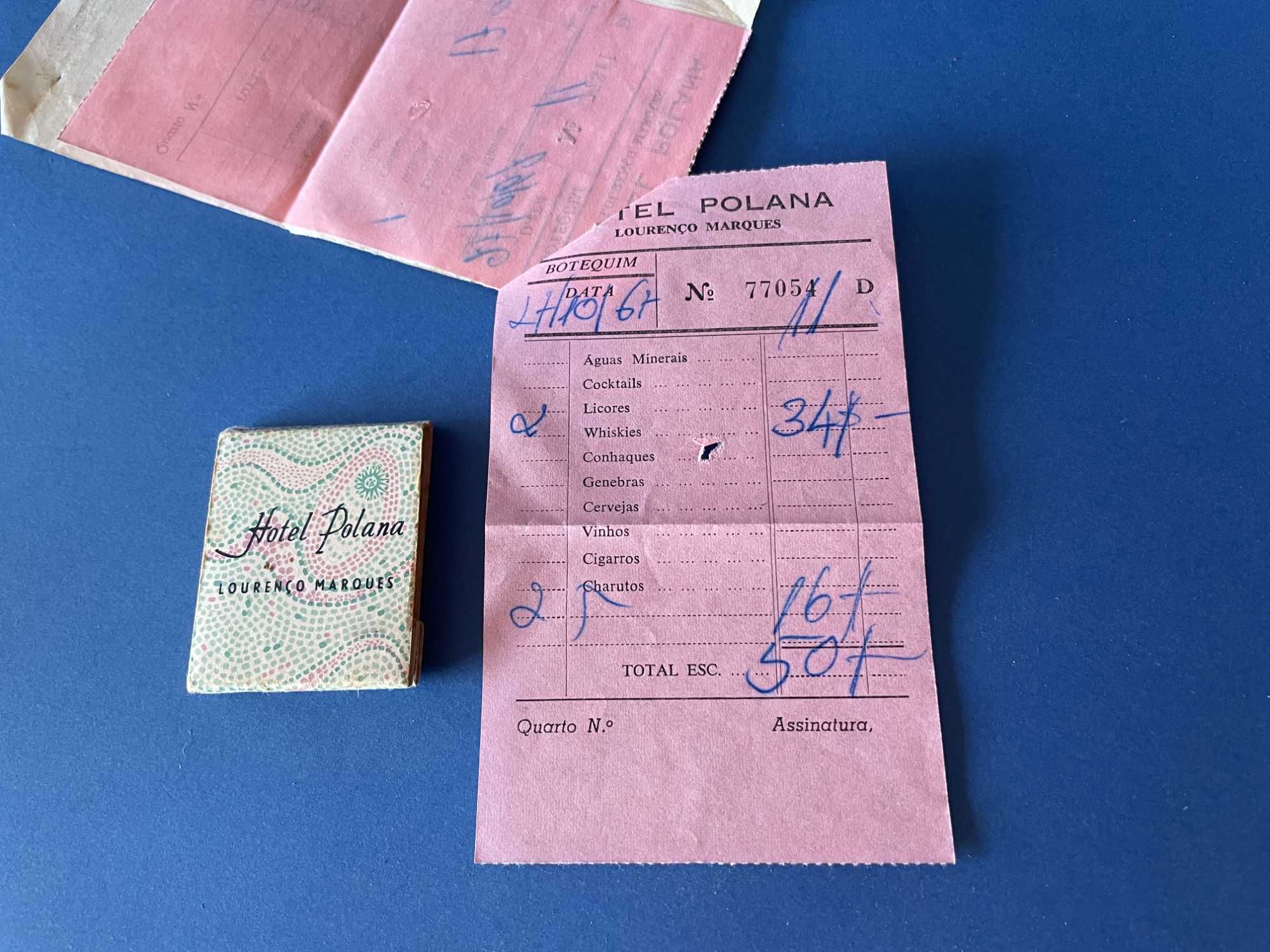 Hotel Polana, Moçambique - Nota de Despesa e Carteira de Fósforos