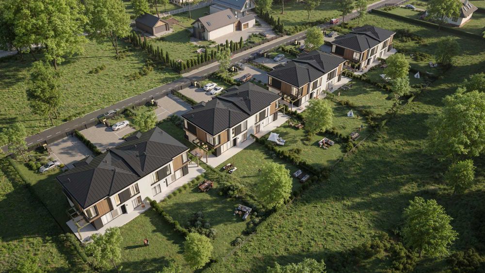 Domy z furtką do lasu – bliźniaki 140 m², działki 600–700 m²