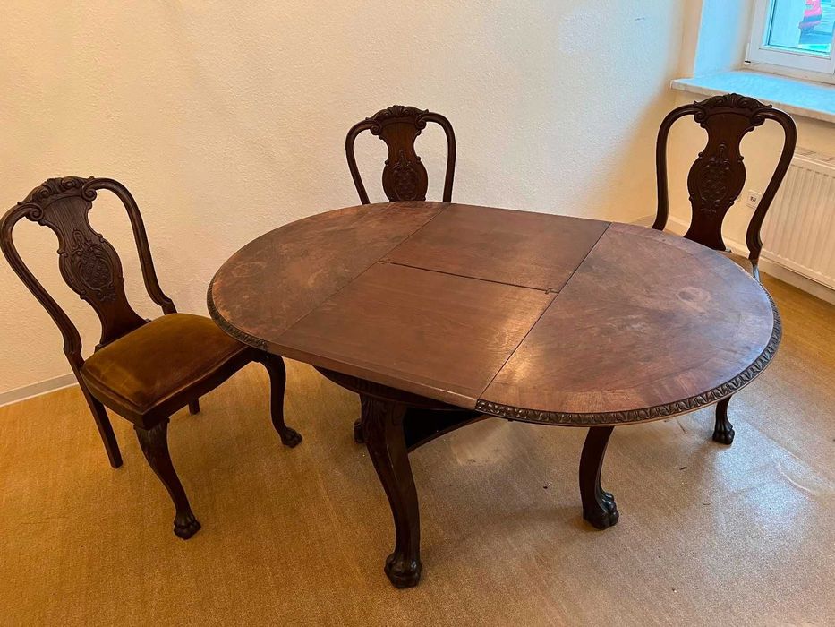 Antyczny Stół Rozkładany z Krzesłami Dębowy Rzeźbienia