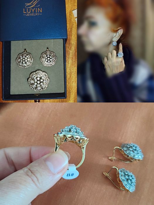 Позолота 14 карат белая/желтая, ювелирная бижутерия серьгии кольцо 18р