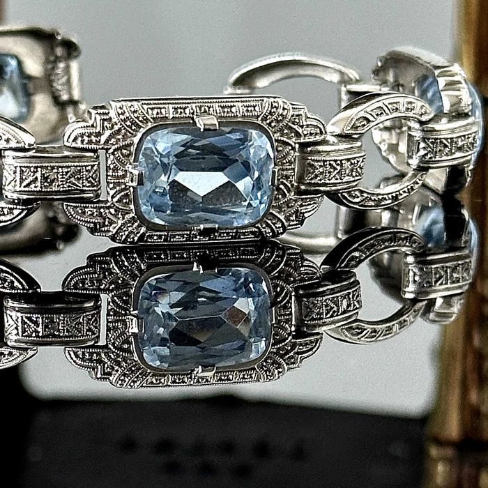 Srebrna bransoletka z Akwamarynami Art Deco z ok. 1920 roku, próba 800