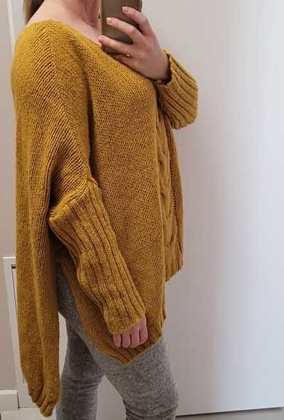 Żółty (musztardowy) sweter / pulower oversize z rozcięciami, XL (42)