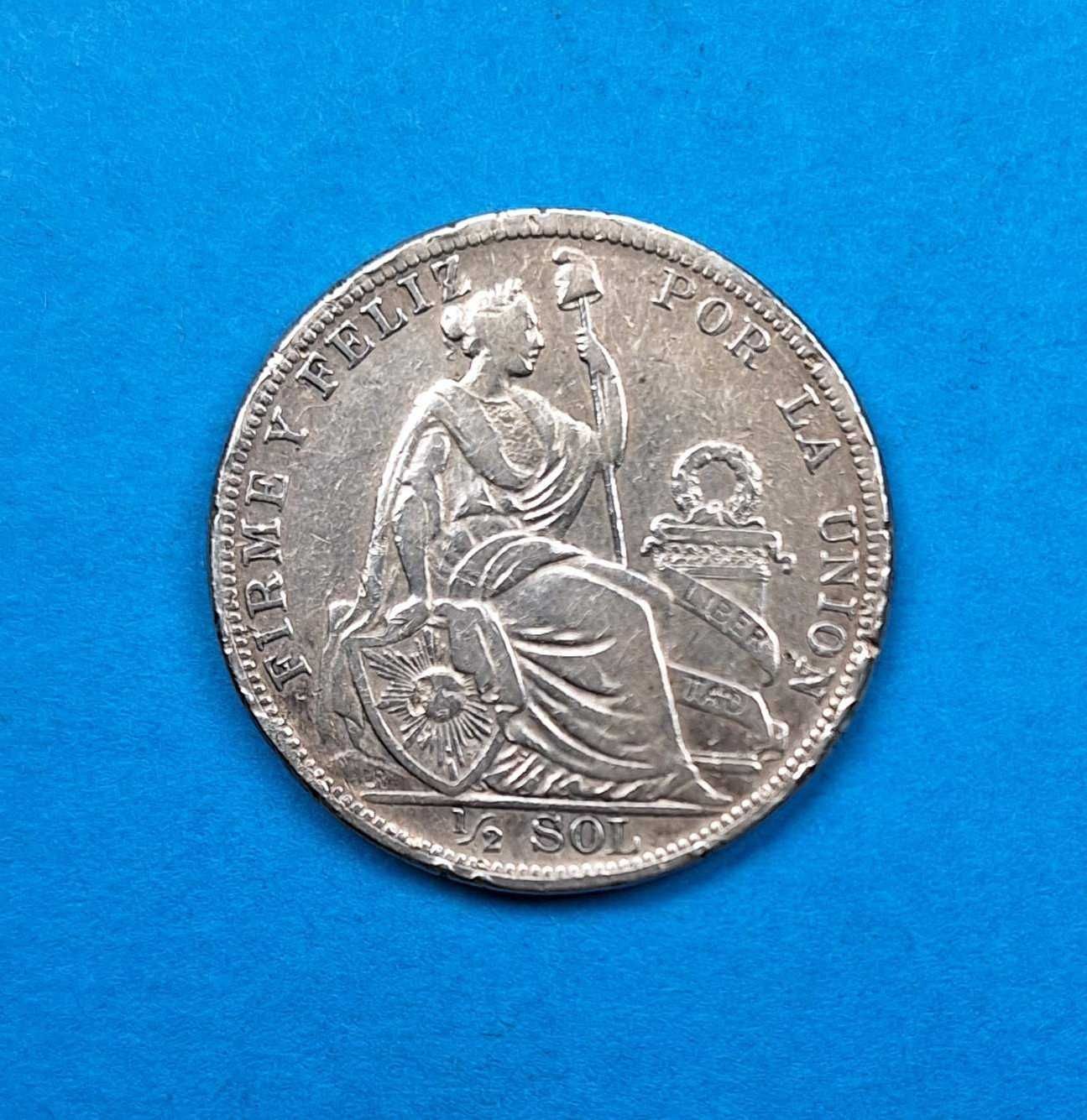 Peru 1/2 sola rok 1908, dobry stan, srebro 0,900
