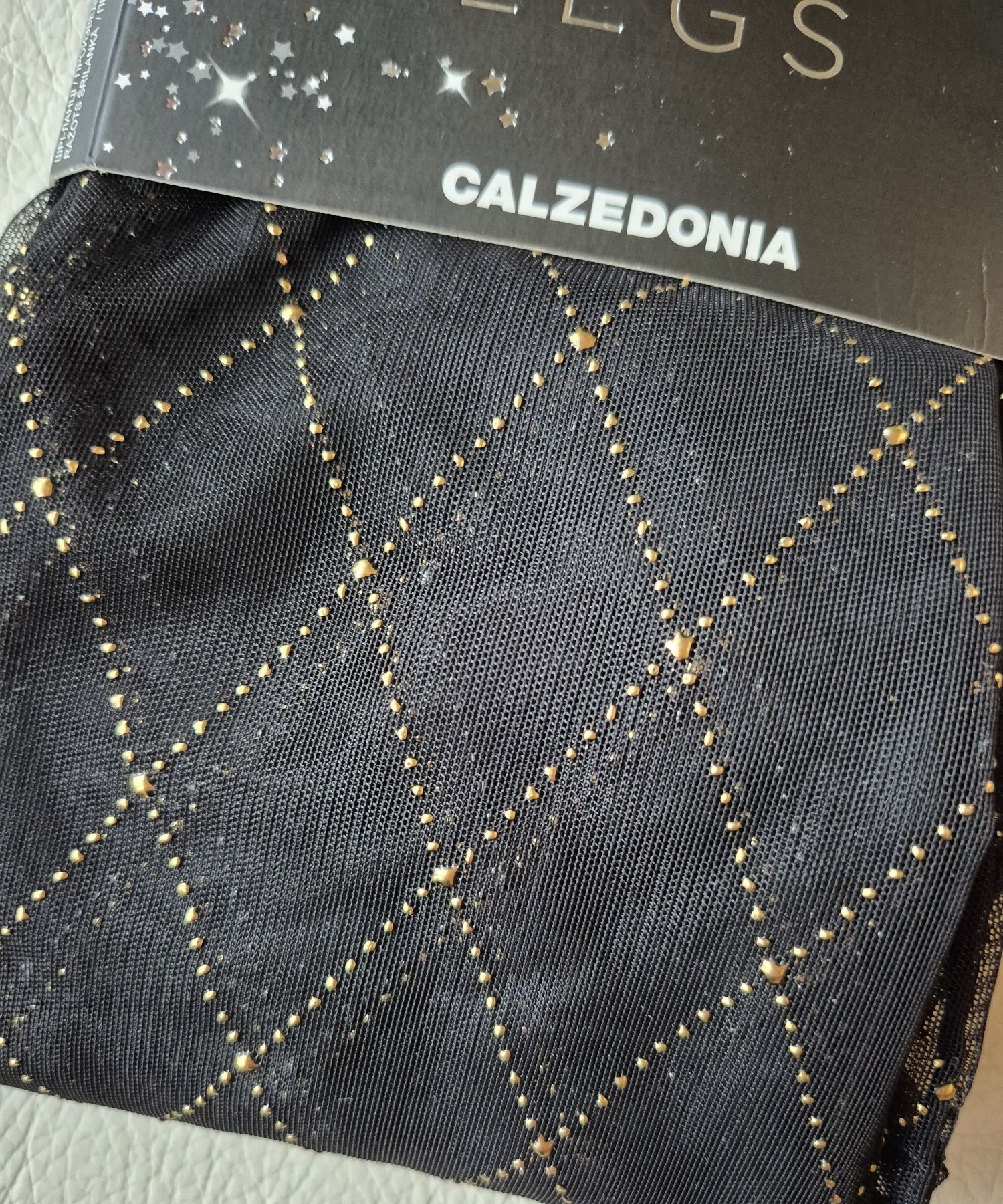 Rajstopy Calzedonia S czarne złote tiulowe shiny party legs romby
