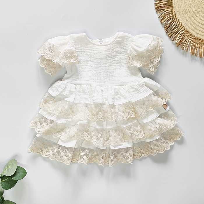 Elegancka muślinowa biała SUKIENKA z koronką, krótki rękaw, chrzest 62