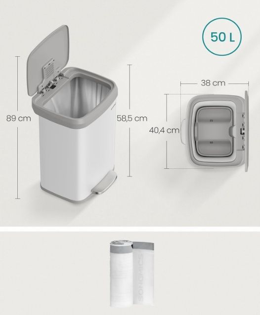 SONGMICS Kosz na śmieci kuchenne, kosz na śmieci 50 litrów LTB530W03