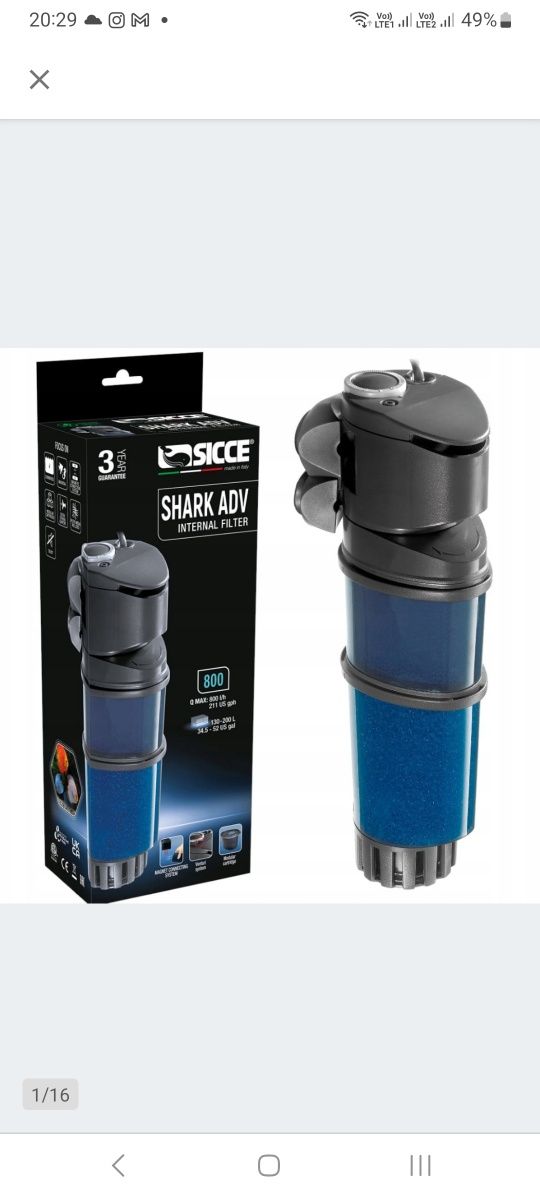 Filtr wewnetrzny sicce shark advance 800