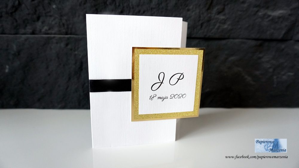 Zaproszenia ślubne SIMPLE 7 czarne lustrzane złote