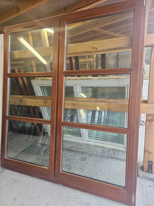 DRZWI/OKNO Balkonowe Mahoniowe Drewniane Dwuskrzydłowe 202x234 3-szyby