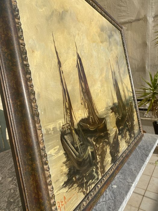 Óleo sobre tela “Barques de pêche au port” Pintor belga Lemmers séc 19