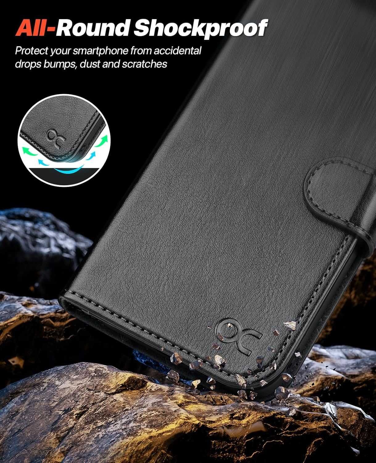 Ocase etui skórzane iPhone 15 PLUS stojak magsafe czarne portfel 2w1
