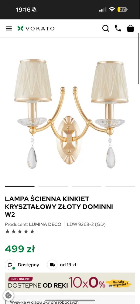 Lumina deco Lampa scienna kinkiet krzystałowy złoty dommini w2