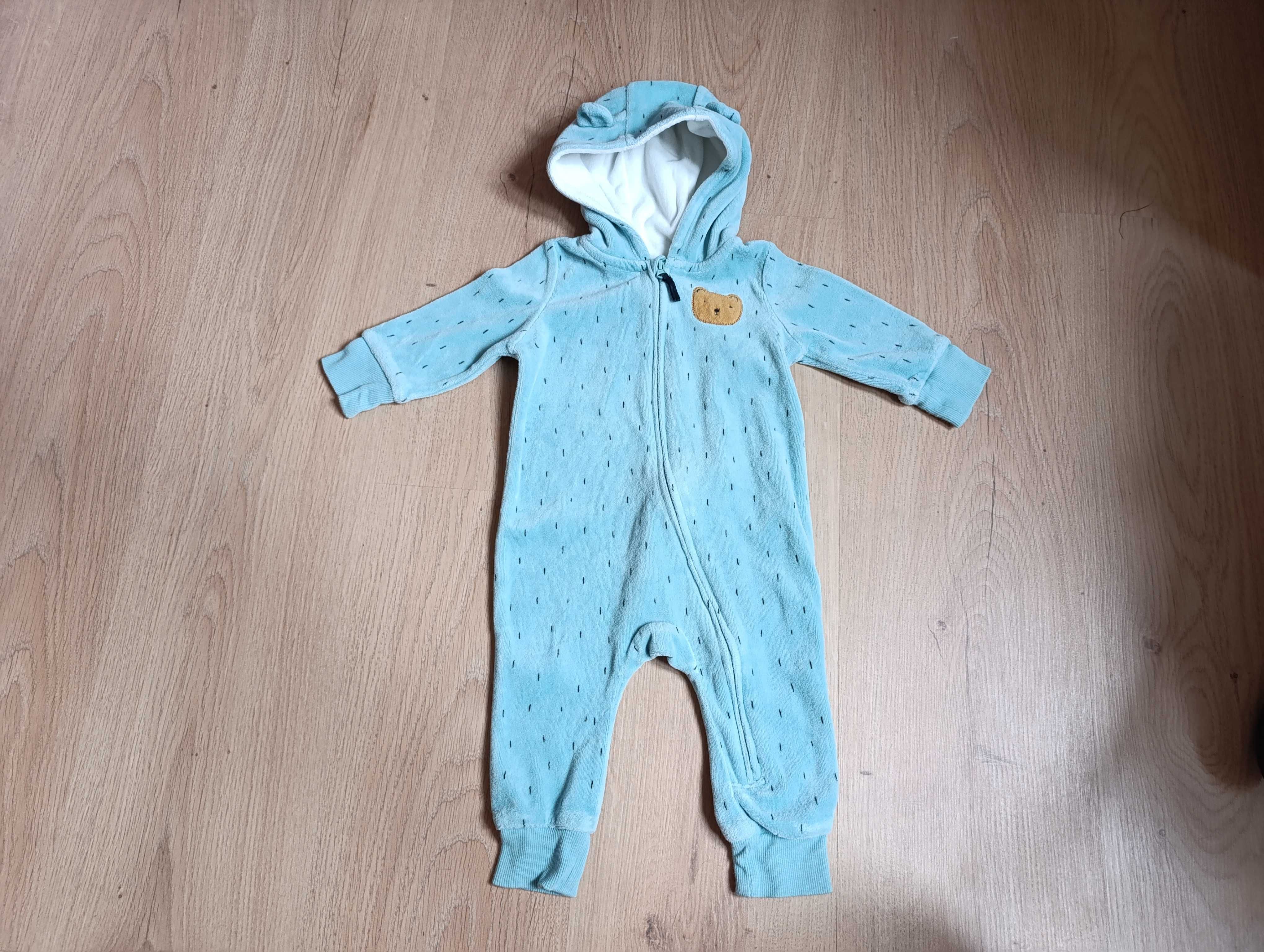 Niebieski kombinezon miś z uszkami 68 H&M ciepły pajacyk jesień polar