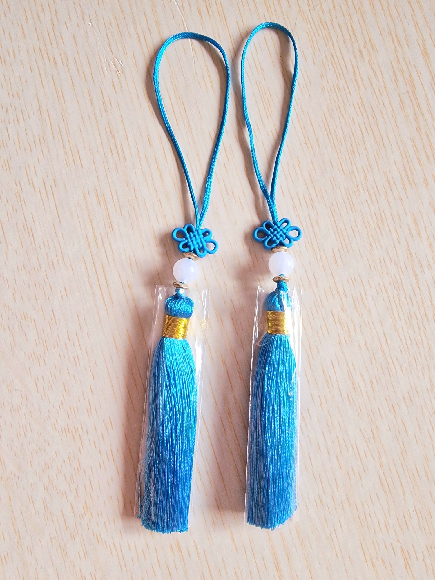 Conjunto Pendentes 2 Borlas Nó Chinês Azul Tassel