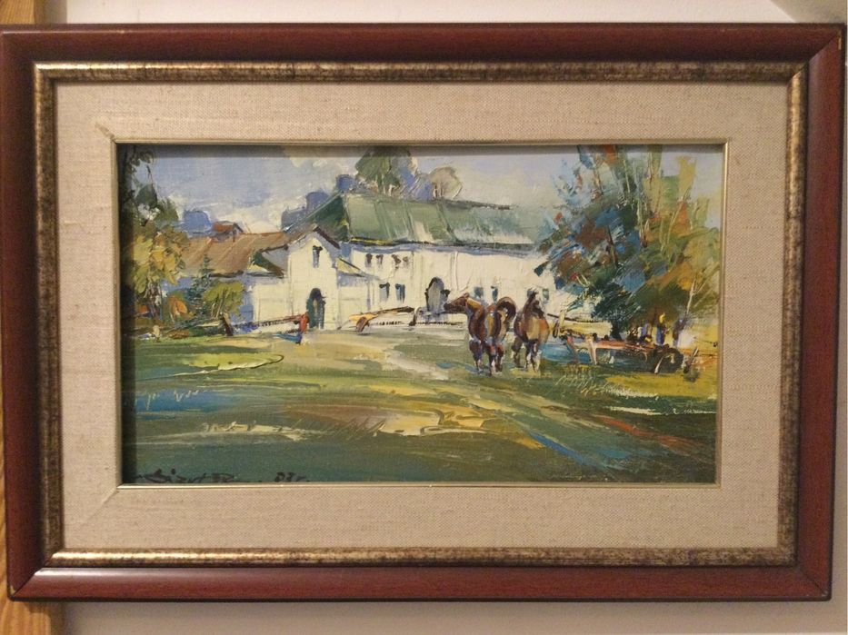 Obraz olejny,R.Lizut,Konie orzed stajnią w Janowie Podlaskim,unikat