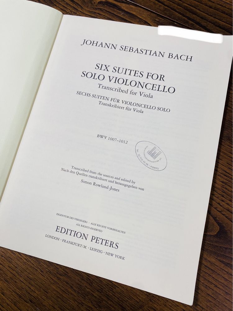 Partituras Six Suites for Solo Violoncello Transcrito para Viola