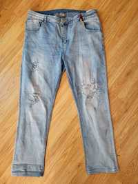 Elastyczne ozdobne jeansy chinosy momy fit rozm 48 przetarcia kamienie