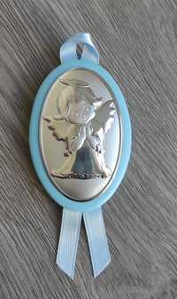 Medalhão de berço azul com Anjo da Guarda em prata