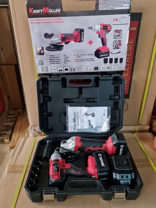 Conjunto de rebarbadora e pistola de impacto como 2 baterias 36 voltes