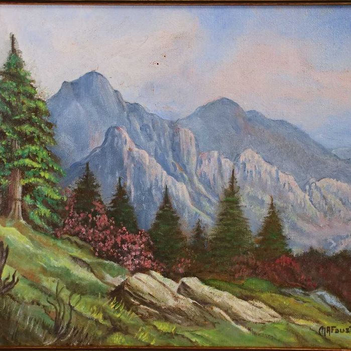 Óleo sobre tela com representação de paisagem assinado MAFaustino