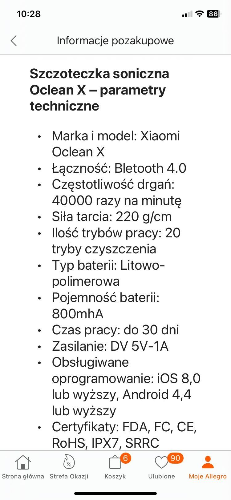 Szczoteczka Soniczna Oclean X z LCD, gwarancja