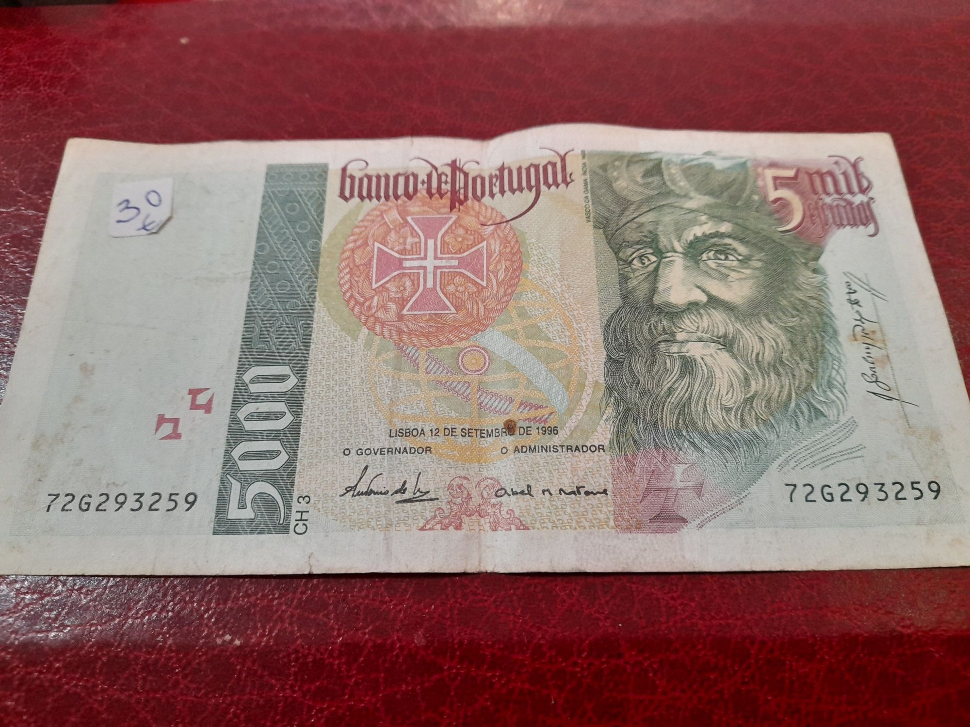 Nota de 5 mil escudos - banco de Portugal  cinco contos 5.000$ bilhete
