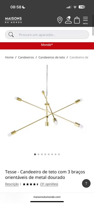 Candeeiro de teto metal dourado