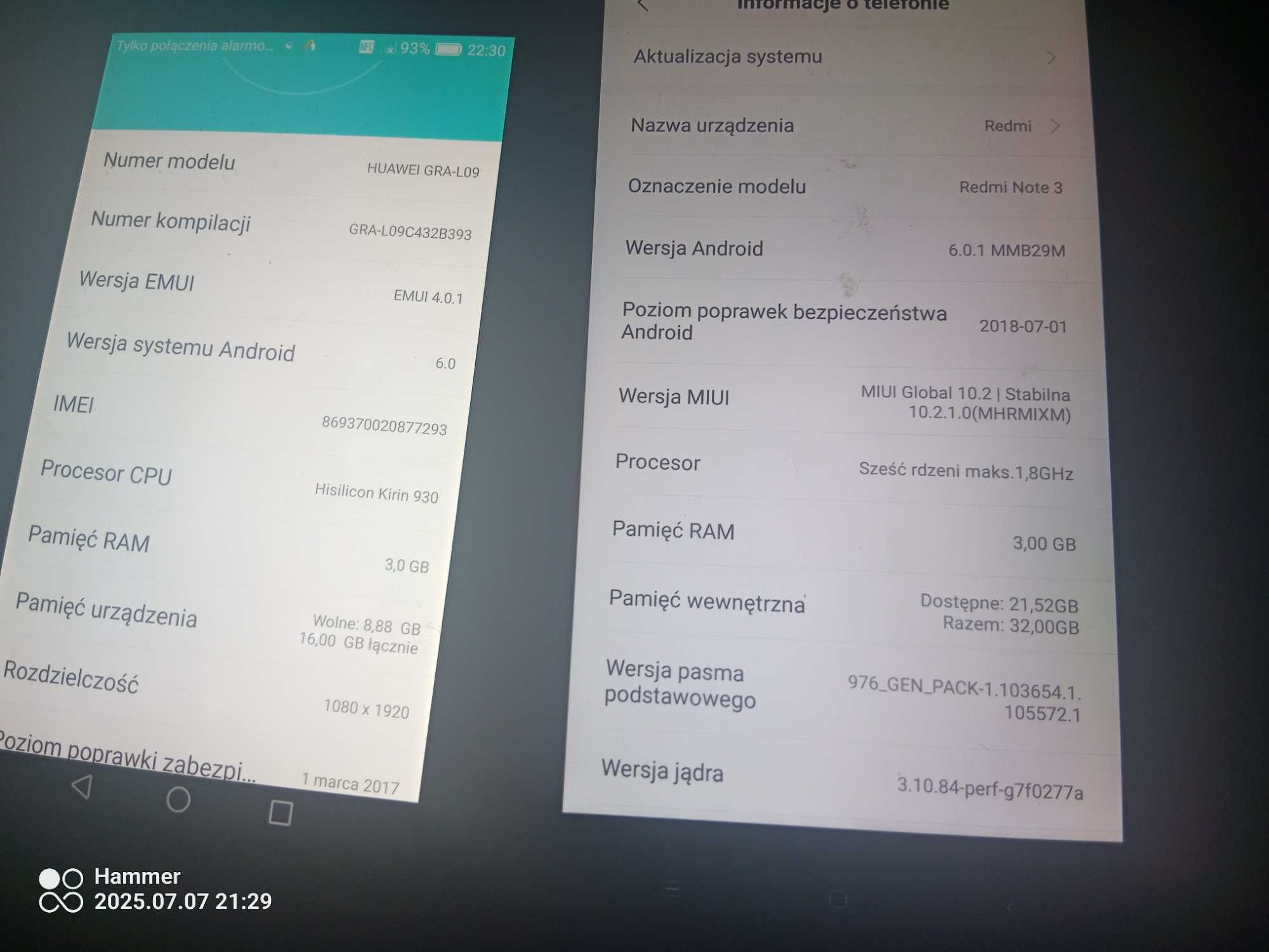 Dwa smartfony Huawei p8 i redmi note3