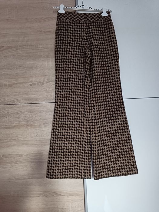 Piękne szerokie wełniane spodnie 34 XS wzór pepitka pepitki