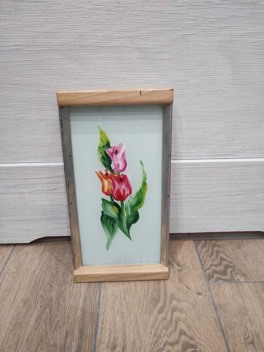 Starodawna Taca w kwiaty szklana z drewnem retro prl spółdzielnia Rzem