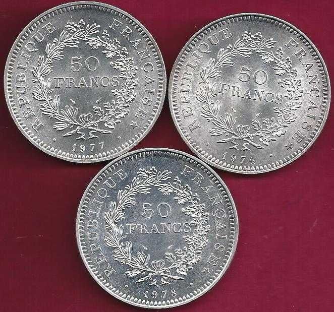 FRANÇA  3 Moedas de  50 Francos Belas    Prata